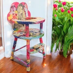 Handcrafted wood highchair. Signed original one of a kind art